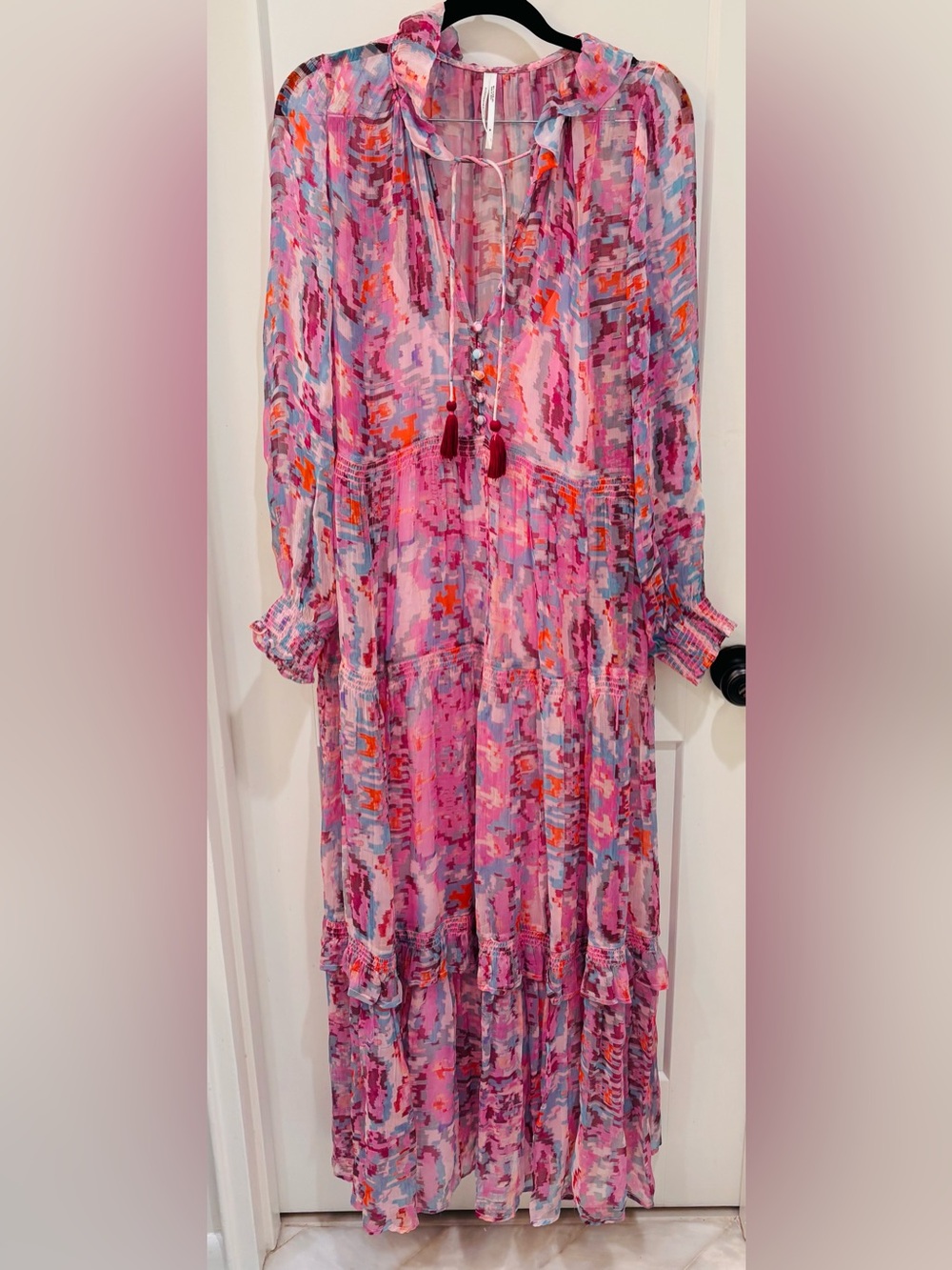 Anthropologie Pink Multi-Color Boho Tassel Maxi Dress. Size Medium